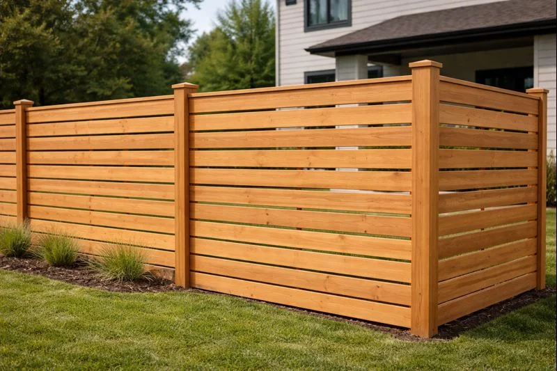 Horizontal slat wood fence installation in Cypress, TX with modern contemporary design