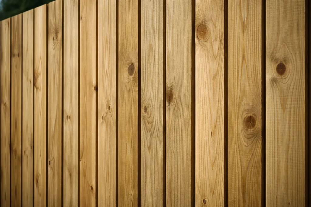 Pressure-treated pine wood fence material known for durability and affordability