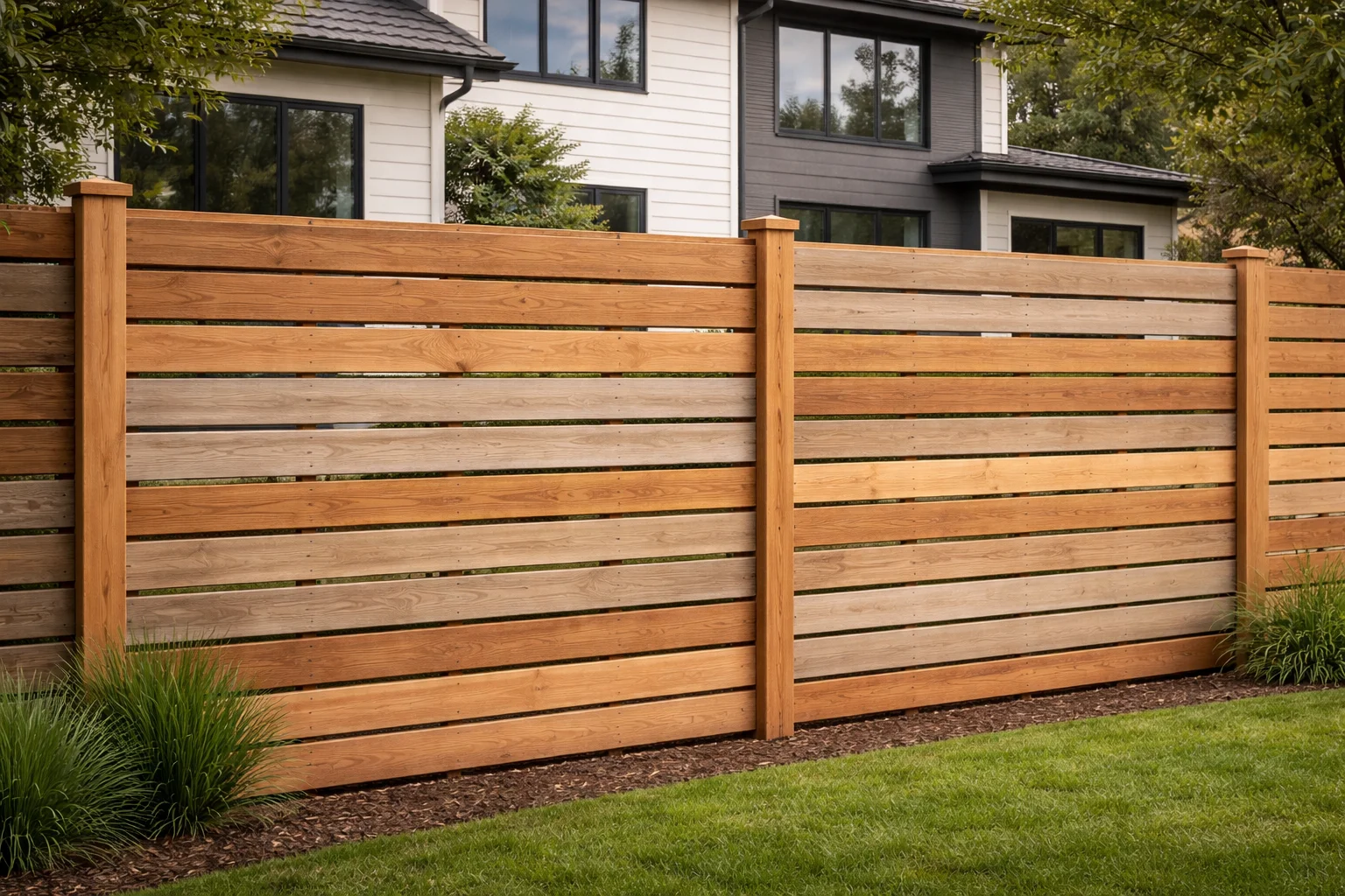 Privacy Fence Installers in Cypress, TX installing a modern horizontal slat privacy fence