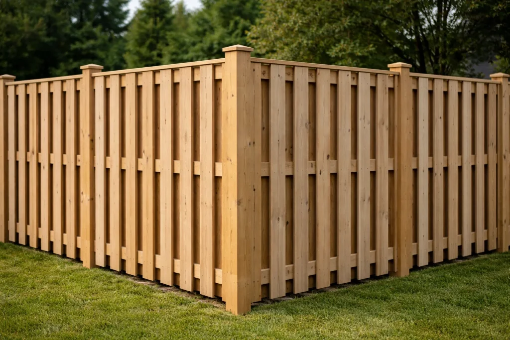 Shadowbox wood fence installation in Cypress, TX with alternating boards and finished look