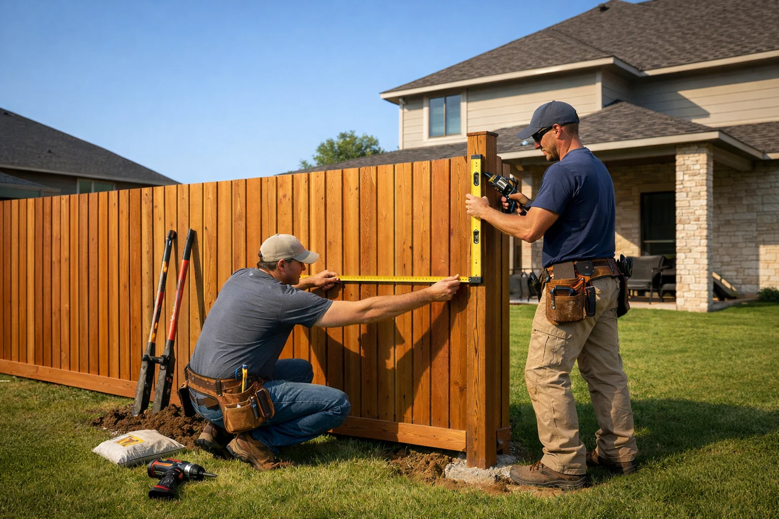 Wood Fence Installers in Cypress, TX installing a high-quality cedar wood privacy fence