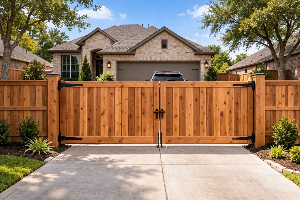 Custom wood gates Houston TX – 12-foot cedar double driveway gate with heavy-duty black hinges installed at residential home
