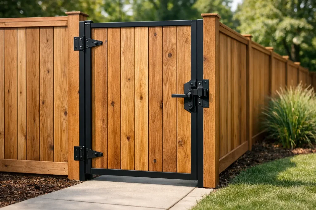 Custom Wood Gates Cypress TX featuring a 3-4 foot wide backyard walk gate with steel frame and secure latch