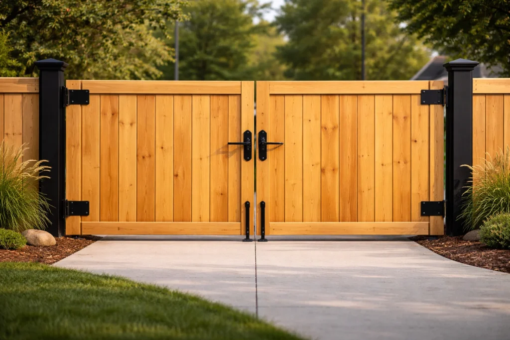 Custom Wood Gates Spring TX featuring a double drive wood gate designed for wide vehicle access
