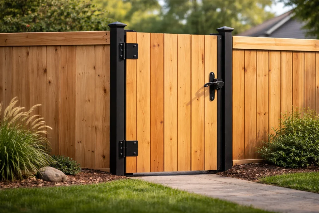 Custom Wood Gates Spring TX featuring a standard residential walk gate with steel hinges and latch