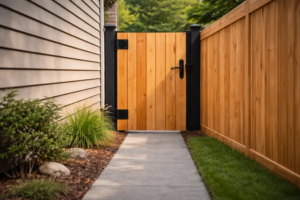 Custom Wood Gates Cypress TX featuring a secure side yard wood gate between a house and fence