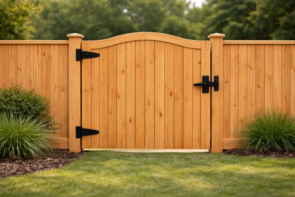 Custom Wood Gates The Woodlands TX featuring a decorative arched top wood gate with premium craftsmanship