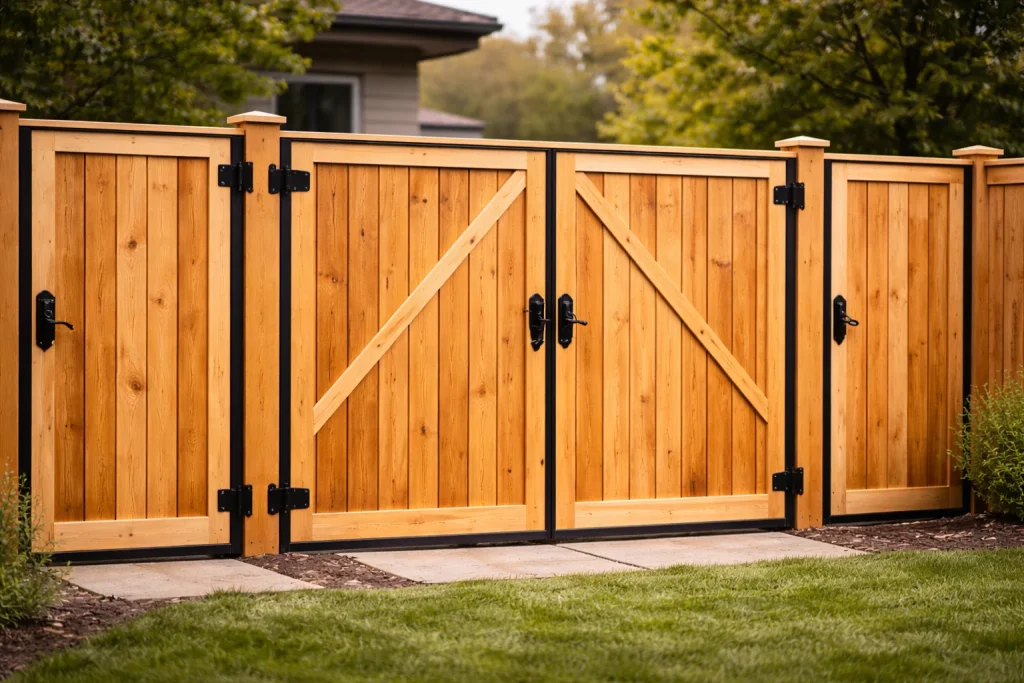 Fence Company Spring TX installing custom wood gates with steel frames for durability