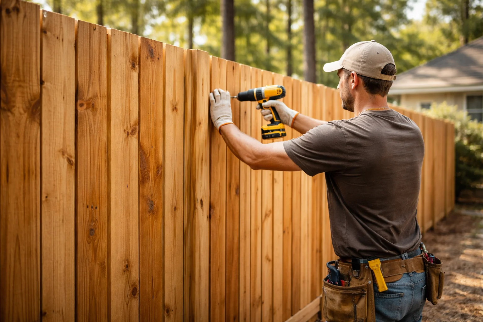 Fence Company The Woodlands TX installing a full privacy wood fence for backyard and pool areas