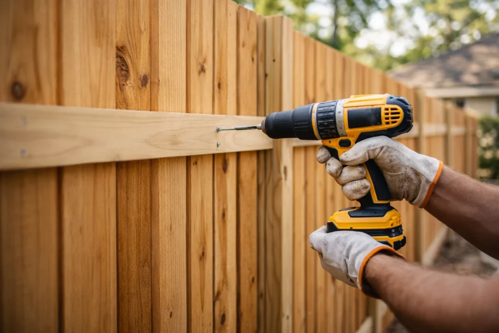 Fence Company The Woodlands TX installing a new wood fence with professional craftsmanship