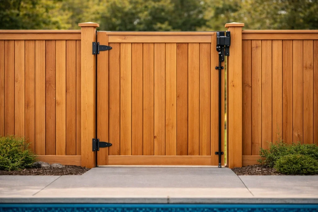 Pool safety gate with self-closing and self-latching hardware meeting Texas pool safety codes