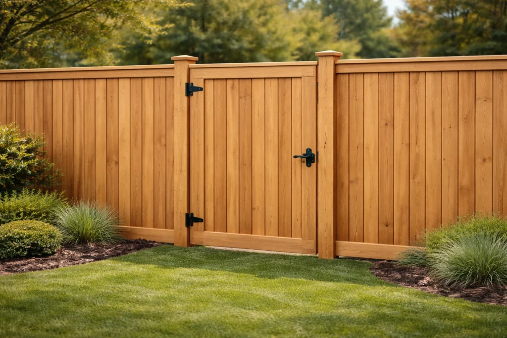Walk gate built into a wood privacy fence for backyard or side yard entry