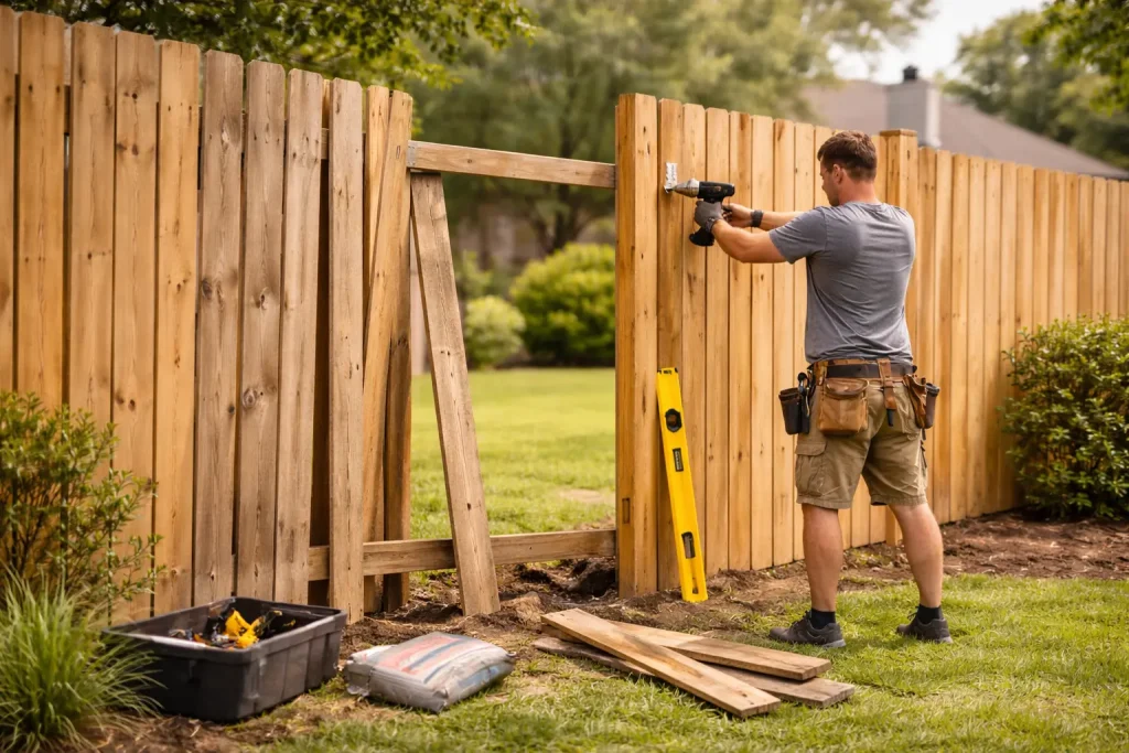 Professional wood fence repair fixing damaged and leaning fence panels