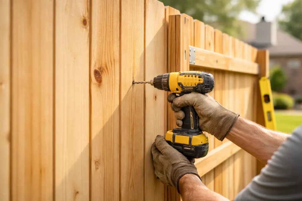 Professional wood fence installation with board-on-board and custom designs