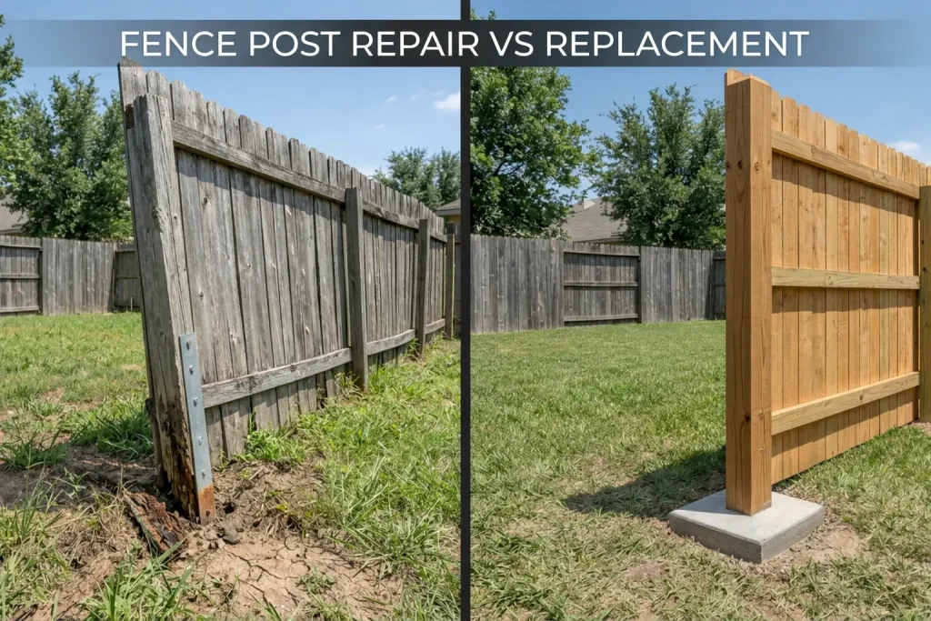 Fence post repair vs replacement comparison showing leaning damaged wooden post with metal brace vs new straight post set in concrete in backyard