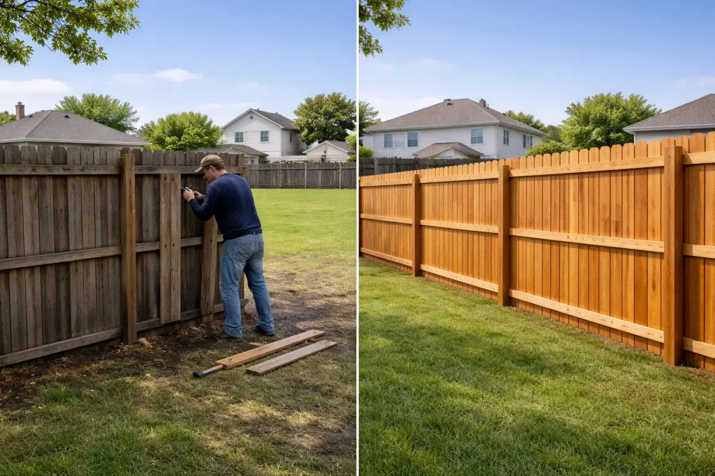 Fence repair vs replacement comparison showing damaged wooden fence being repaired and new fence installation in backyard