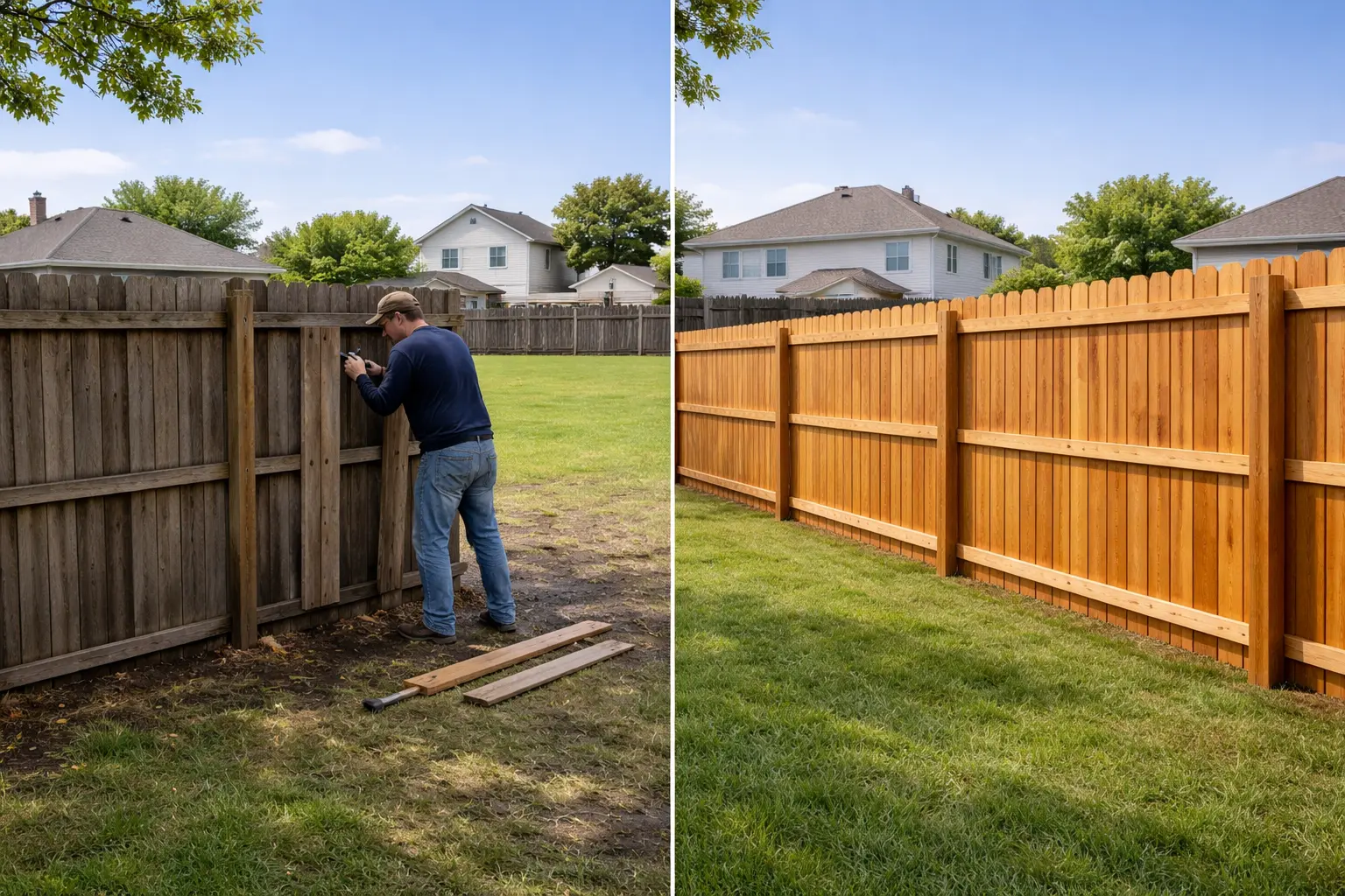 Fence repair vs replacement comparison showing damaged wooden fence being repaired and new fence installation in backyard