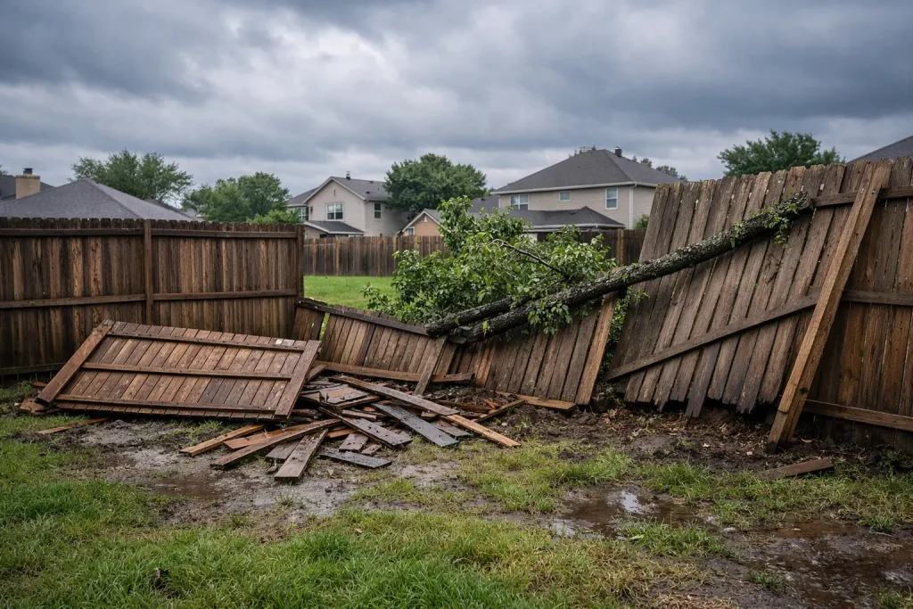 Storm damage fence repair in Houston showing broken wooden fence panels and fallen tree after severe storm