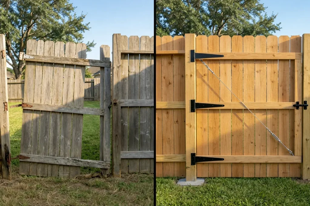 before and after sagging wooden gate repair Houston with reinforced hinges and straight alignment