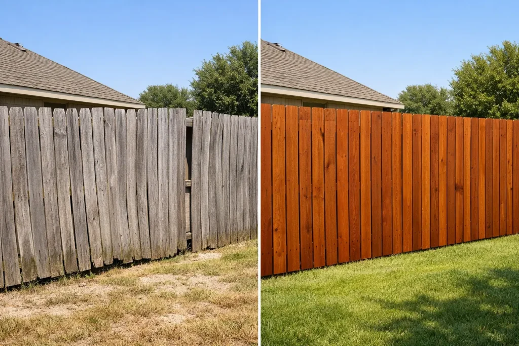 how to maintain your wood fence in Texas heat before and after fence maintenance Houston sun damage vs stained fence