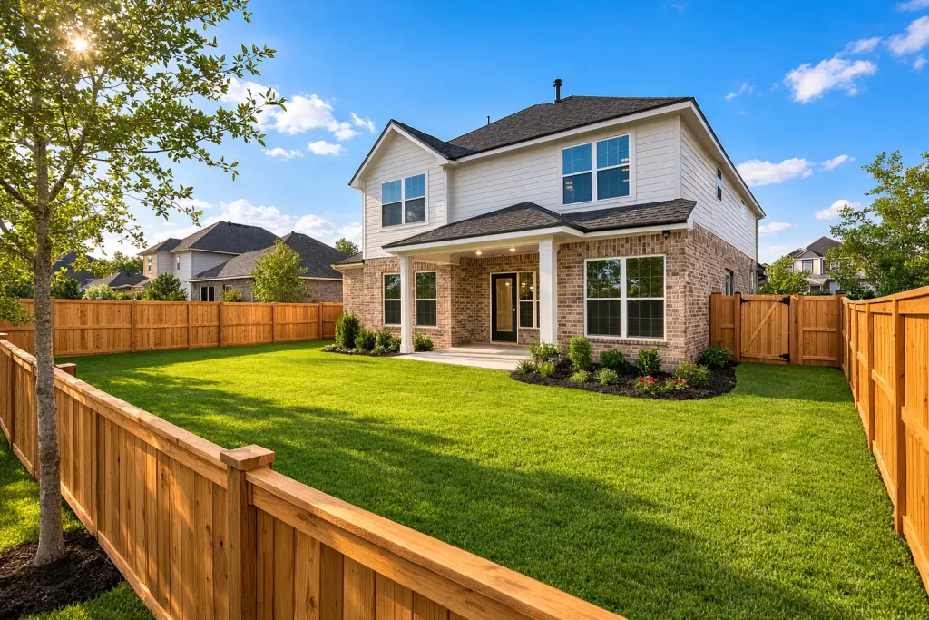 Modern suburban house with newly installed wooden fence highlighting does a new fence increase home value